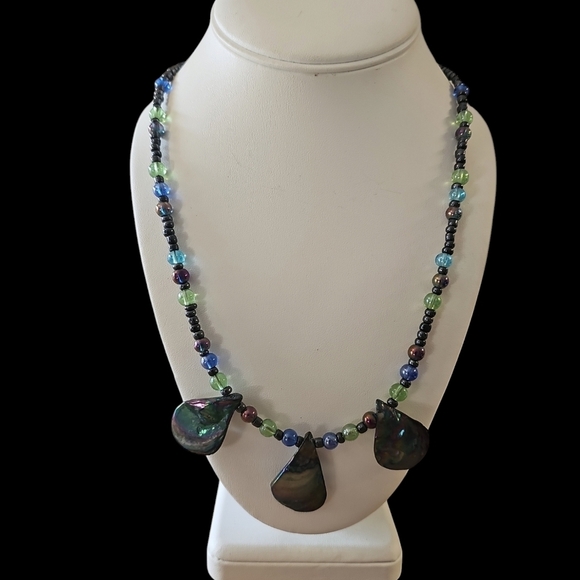 Snowflake & Ice Pendant Necklace  Iridescent Beaded Water Shell Winter Jewelry - Picture 2 of 6